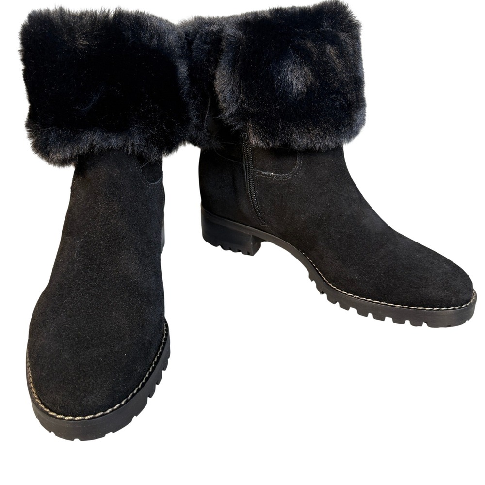 Talbots Tish Black Suede Faux Fur Lined Foldover Lug Winter Boots Women 8M NEW